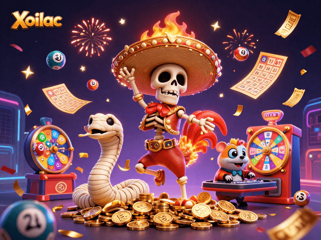 Xoilac's animated casino celebration features vibrant characters in a dynamic lottery scene.