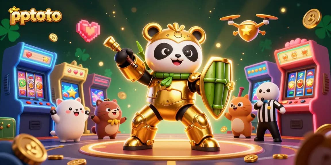 PPTOTO showcases a vibrant casino scene with a golden panda mech-suit battling amongst arcade games and slot machines.