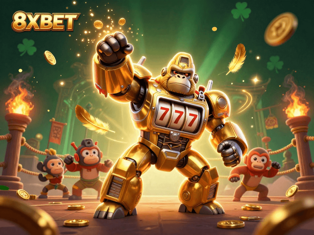 Engage with 8XBET through a vibrant 3D scene featuring a golden gorilla mech and slot machine elements.