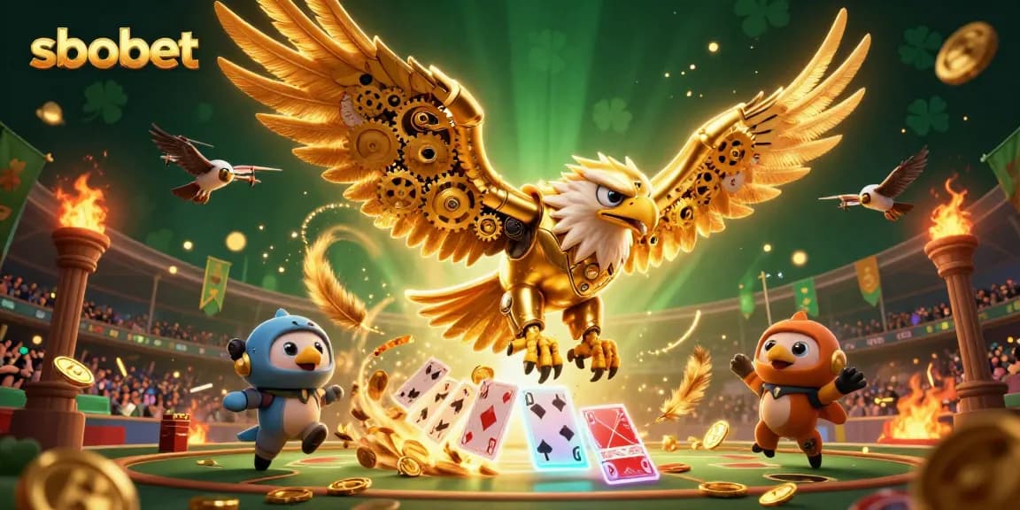 SBOBET sports betting featuring a cybernetic eagle amidst colorful holographic cards and gold tokens.