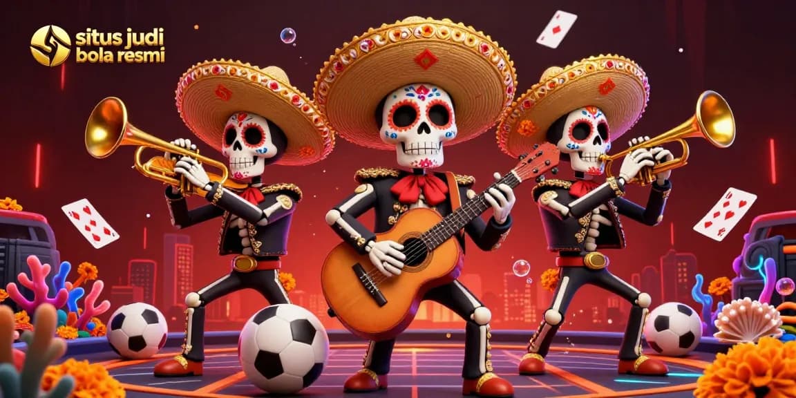 Experience thrilling action at situs judi bola resmi with vibrant skeleton mariachi band and sports betting elements.