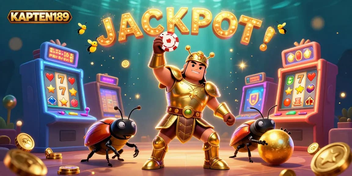 KAPTEN189 merayakan kemenangan jackpot dengan ilustrasi lucu serangga di kasino virtual.