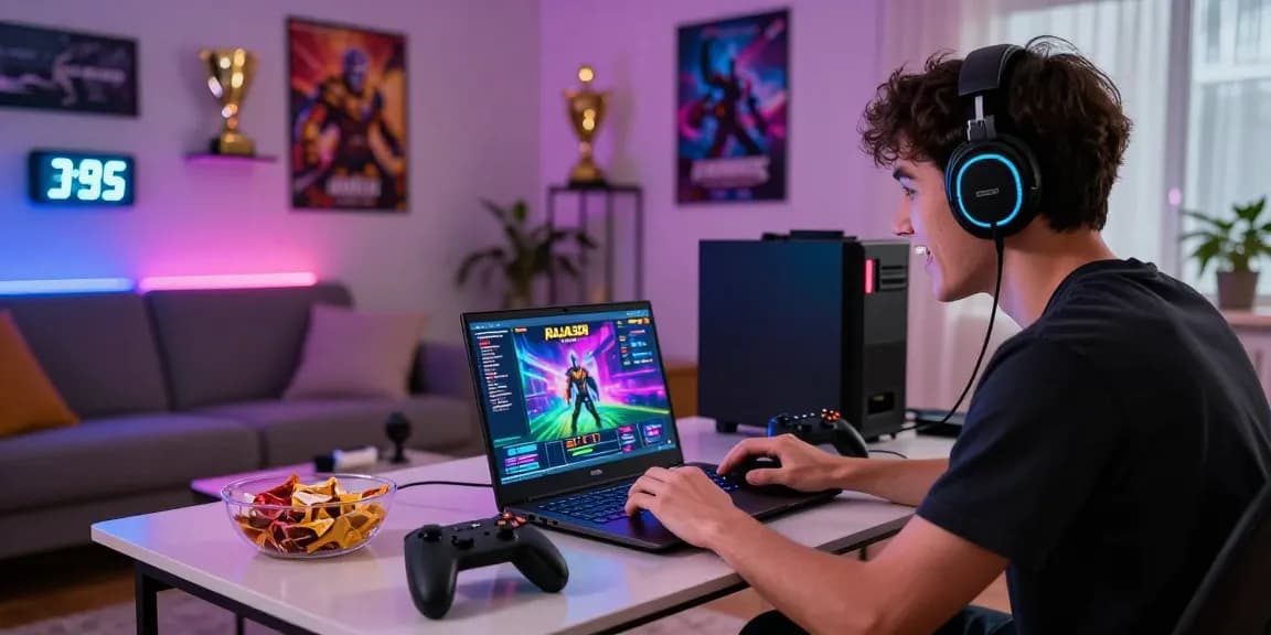 Engaged gamer focused on RAJA328 interface, highlighting link alternatif raja328 in an immersive gaming environment.