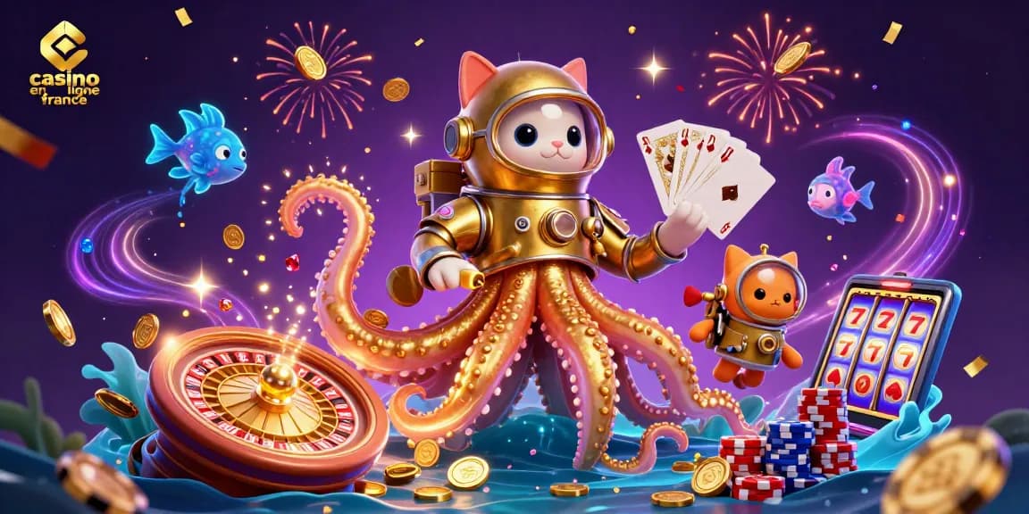 Jouez à casino en ligne France avec un kraken doré et des éléments festifs colorés