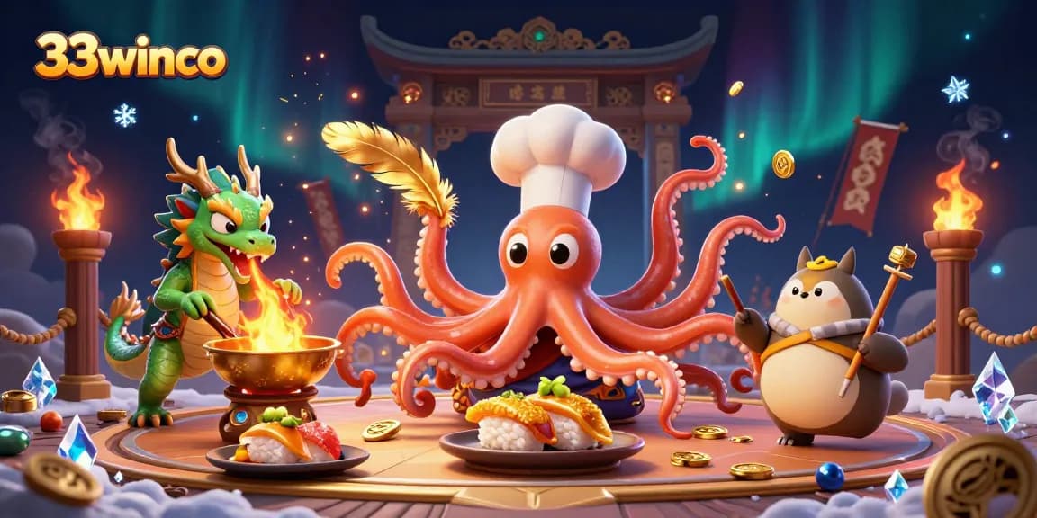 Engage in thrilling gameplay at 33winco with dynamic casino action featuring octopus chef and dragon.