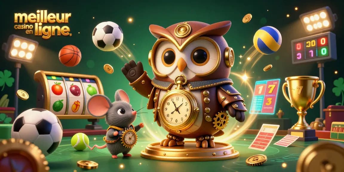 Engage with the thrilling atmosphere of meilleur casino en ligne featuring an owl and mouse in a vibrant 3D casino scene.