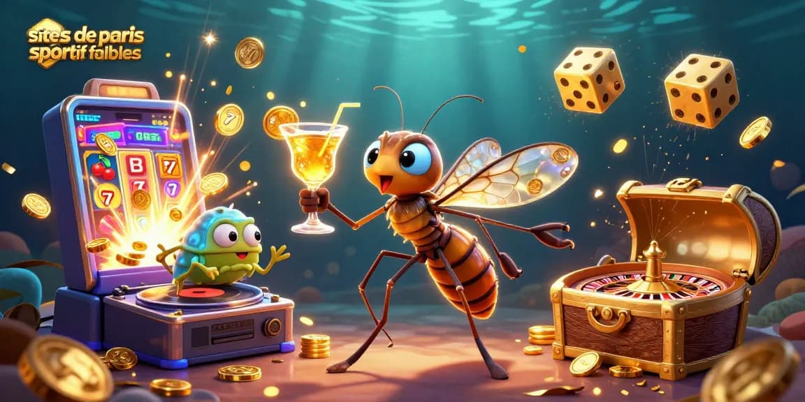 Visualisez les meilleurs sites de paris sportif fiables avec des jackpots de casino, cocktails dorés et symboles chanceux.