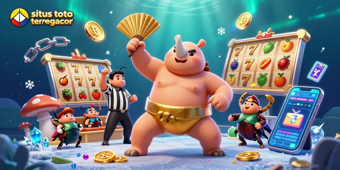 Engage with exciting gaming at situs toto slot tergacor, featuring a vibrant 3D scene of a beetle champion amidst flying coins and slots.