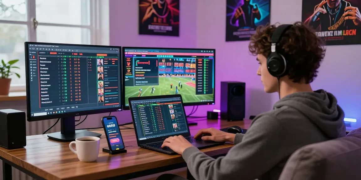 Engaged user participating in online gambling on newbet4d with multiple screens displaying live sports.