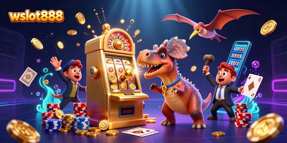WSLOT888 judi slot online yang menampilkan dinosaurus dan mesin jackpot, menarik perhatian pecinta game.