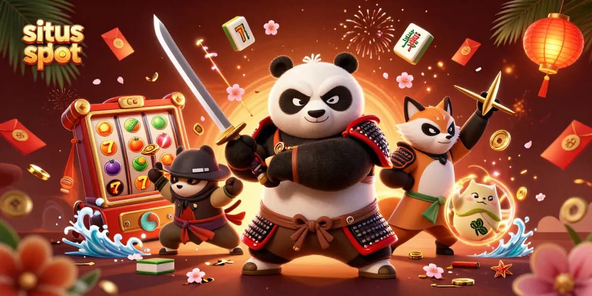 Experience situs slot excitement with a samurai panda and ninja fox in a vibrant 3D casino scene.