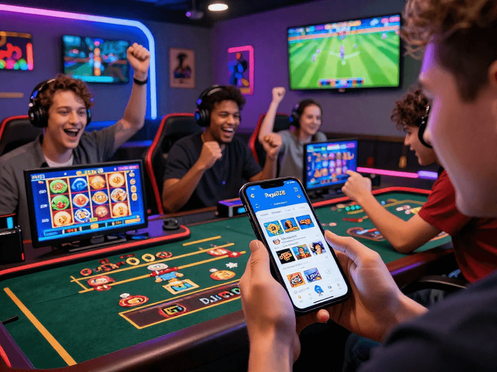 Exciting gaming atmosphere with players using daftar raja328 app on devices in a vibrant lounge setting.