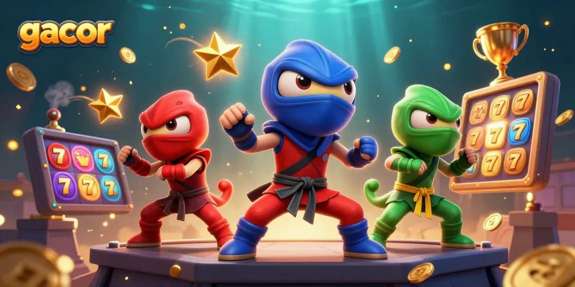 Gacor dengan para ninja chameleon beraksi di kasino, simbol slot berkilau di sekitar mereka.