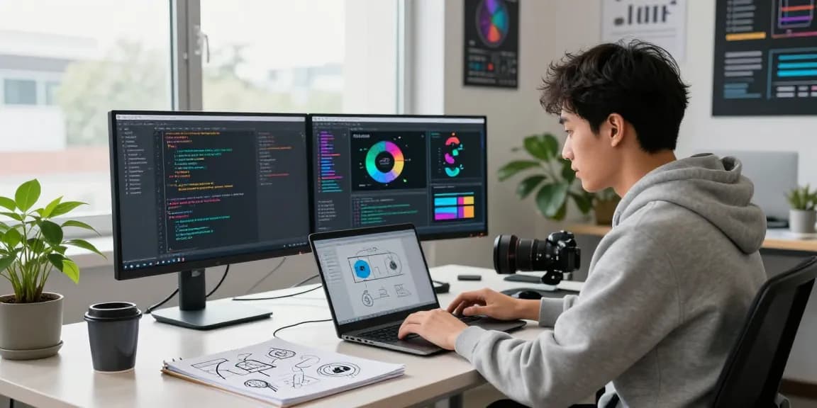 Developer using a free AI detector in a modern workspace with vibrant code and results displayed.