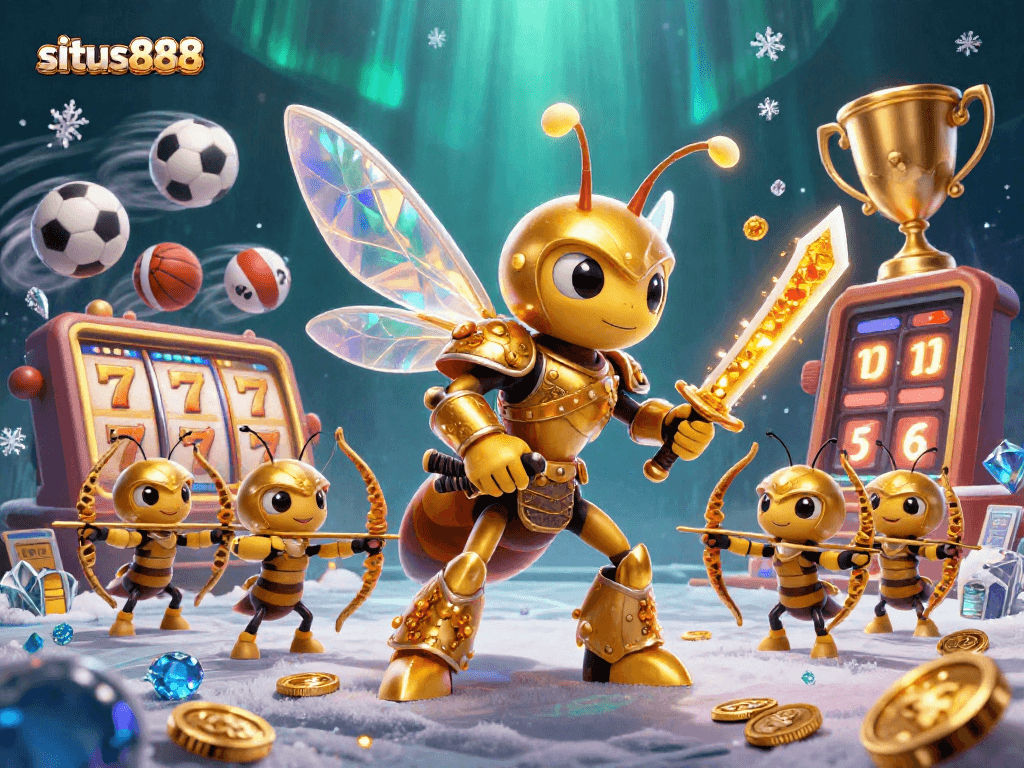 Experience the excitement of situs888 with vibrant slot reels and dynamic elements in a detailed casino illustration.