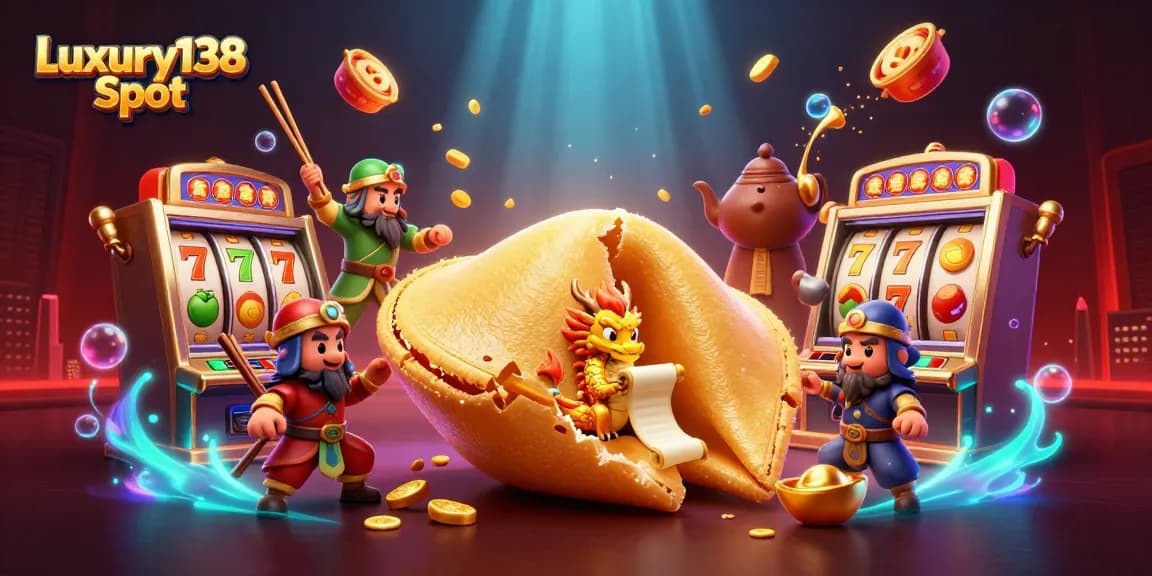 Play the Luxury138 Slot with vibrant themes and features, showcasing a golden fortune cookie scene