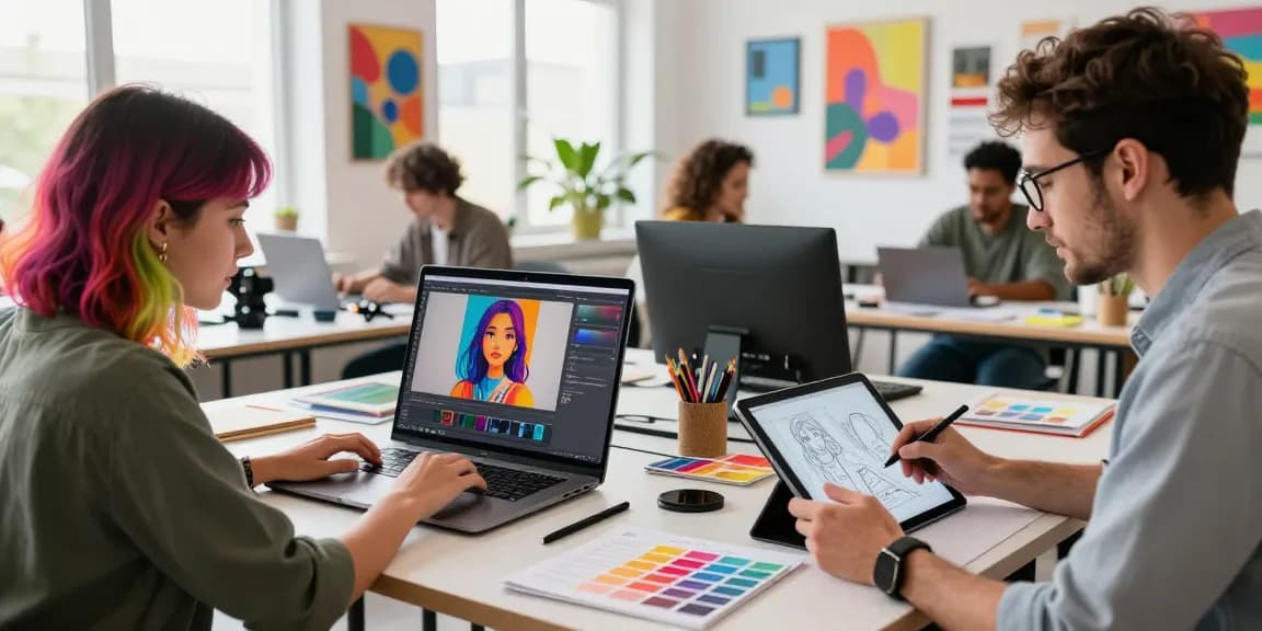 Artists collaboratively editing images with Nano Banana AI in a vibrant studio
