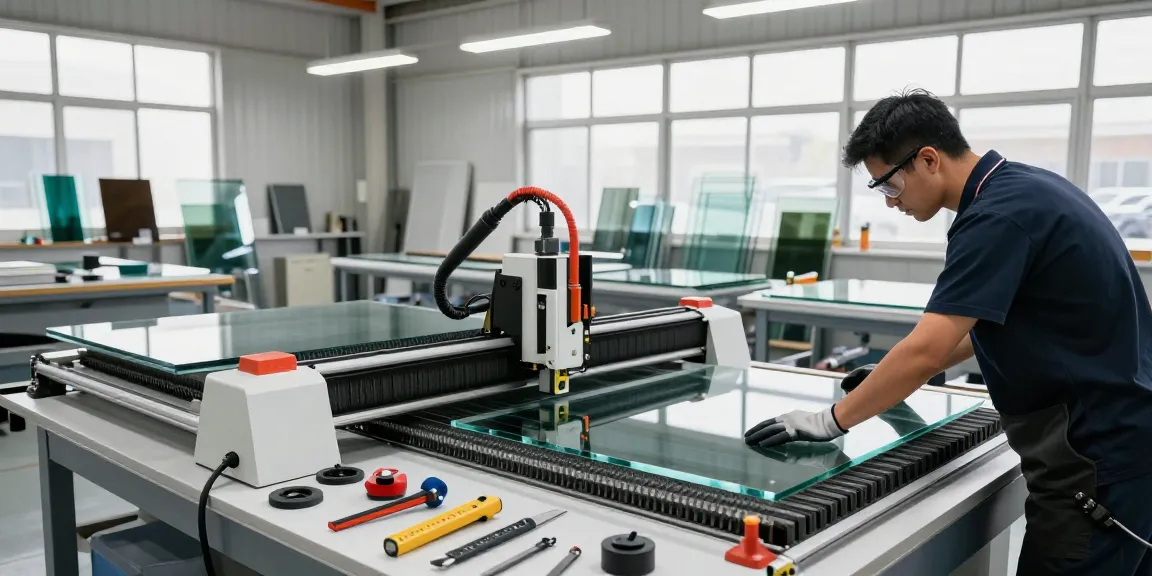 Technician using a glass cutting table in a well-lit workshop, showcasing precision and safety.