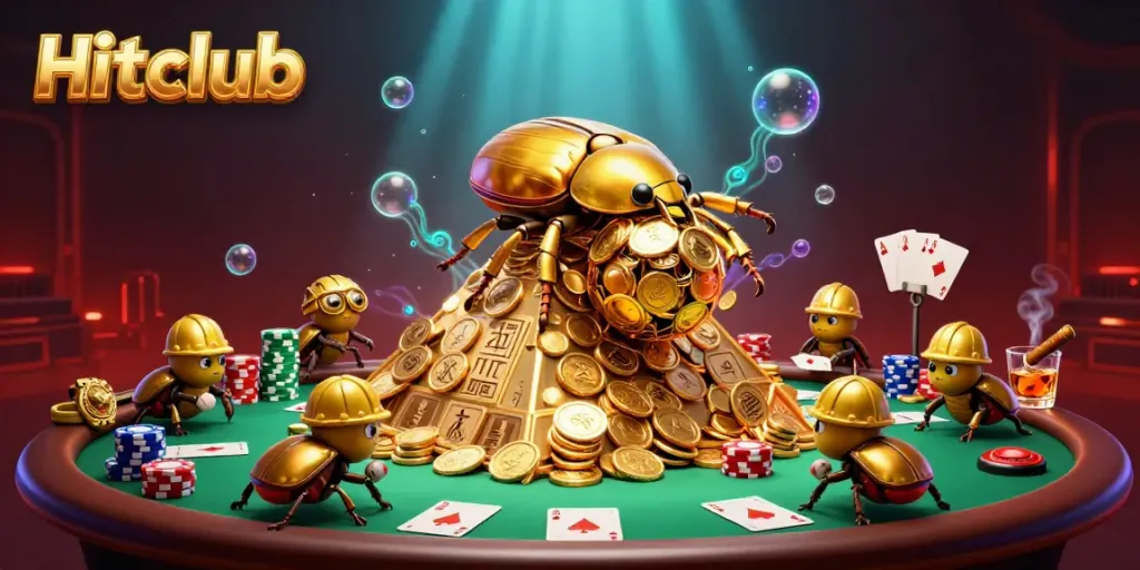 Hitclub features a golden beetle in a casino-themed adventure with poker tables and coins.