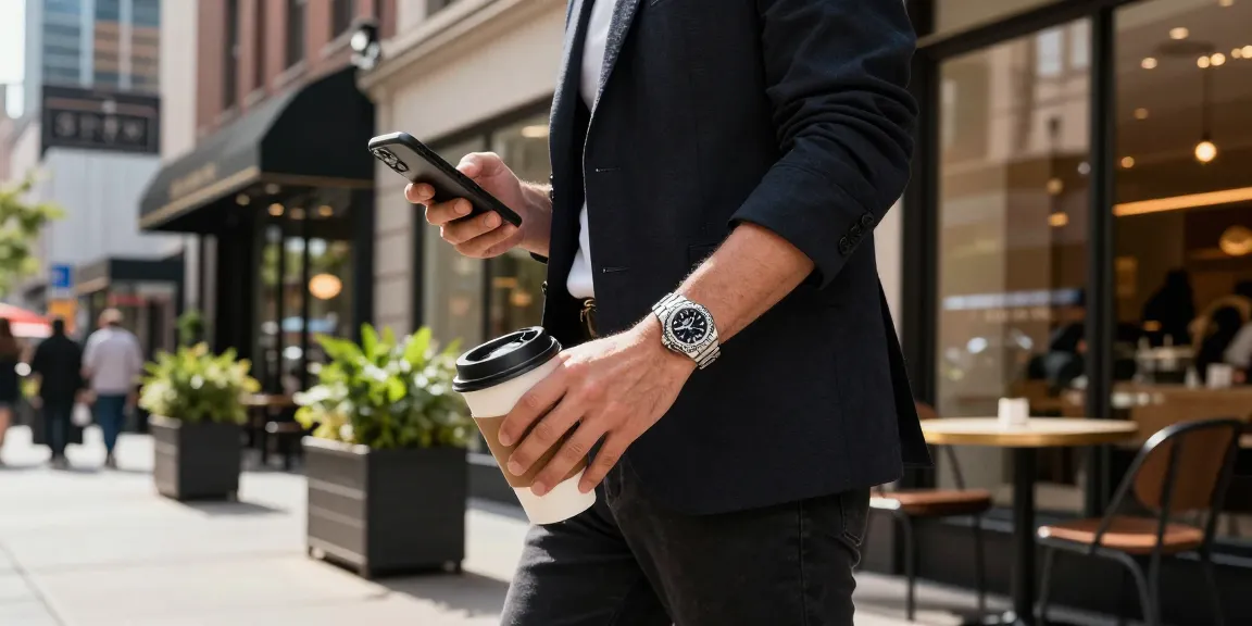 Stylish individual showcasing rolex super clone watches while enjoying a coffee in an urban lifestyle.