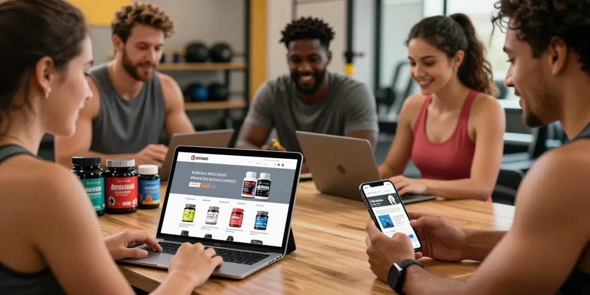 Fitness enthusiasts shopping at Astera Shop for steroids and supplements in a vibrant gym setting.