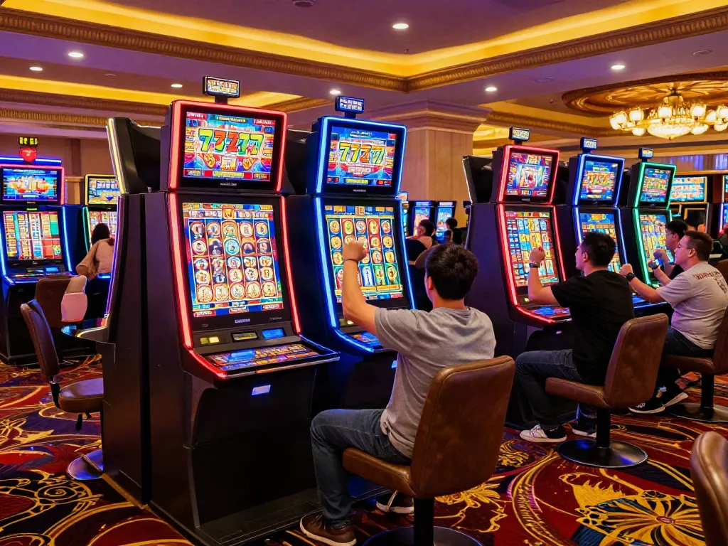 Keceriaan jackpot Slot777 dengan pemain beragam merayakan kemenangan di kasino.