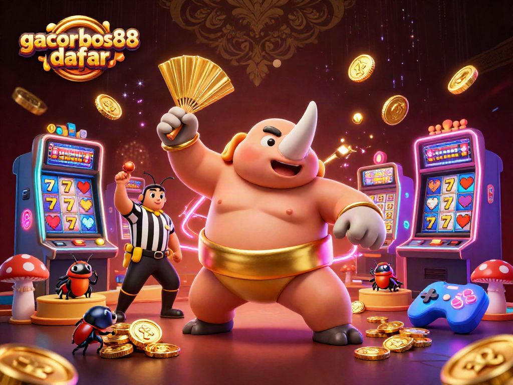 Engage in gacorbos88 daftar slot gaming with a 3D cartoon rhinoceros beetle champion amidst flying coins.