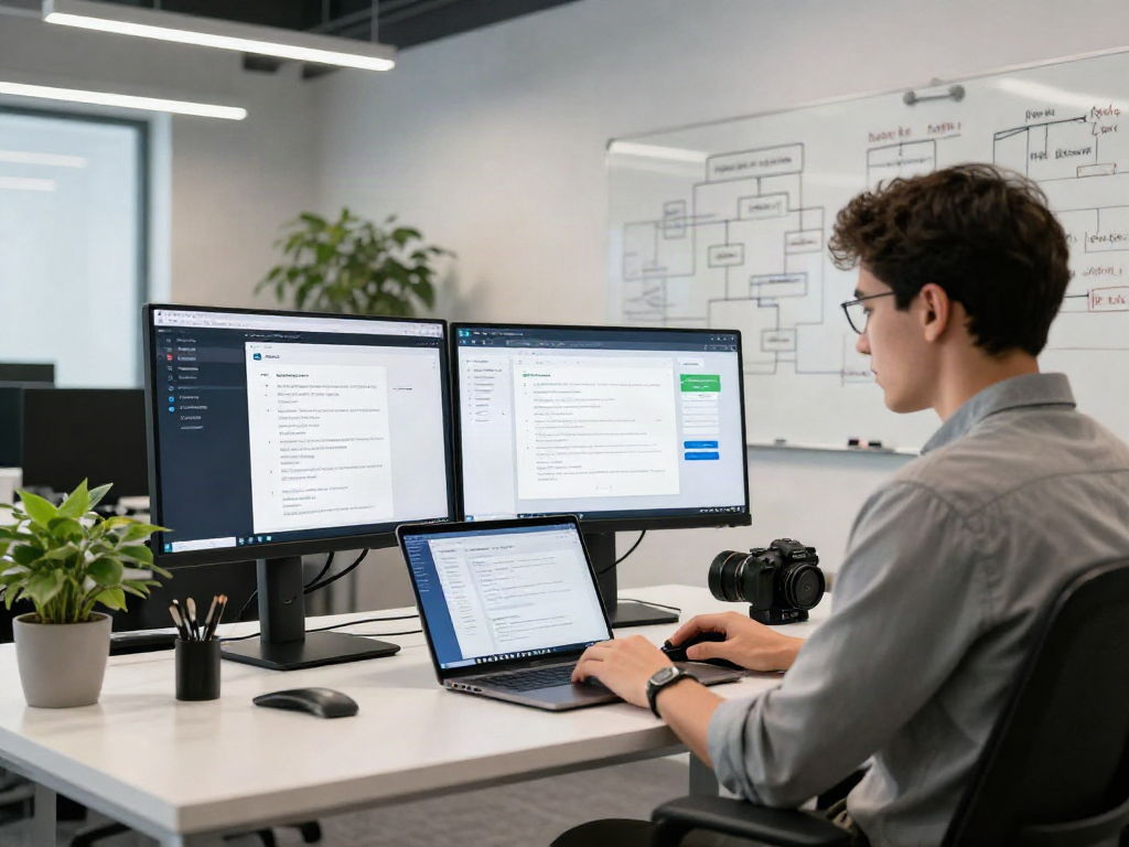 Document fraud detection software demo in a modern office setting with analytics on screen.