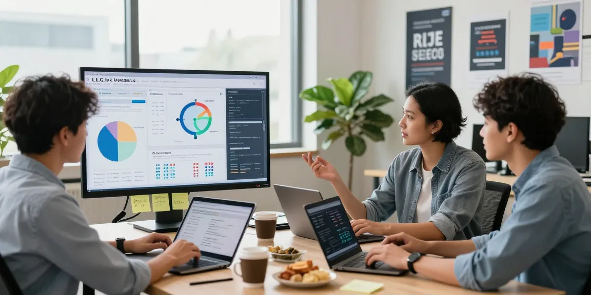 LLG link indexing team collaboration scene in a modern tech office with analytics displays and creative brainstorming.