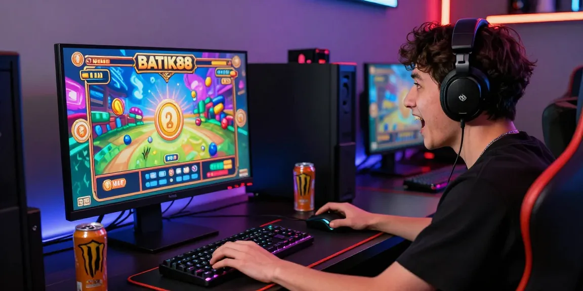 Pengalaman bermain BATIK88 GACOR dengan gamer di depan layar permainan slot yang penuh warna.