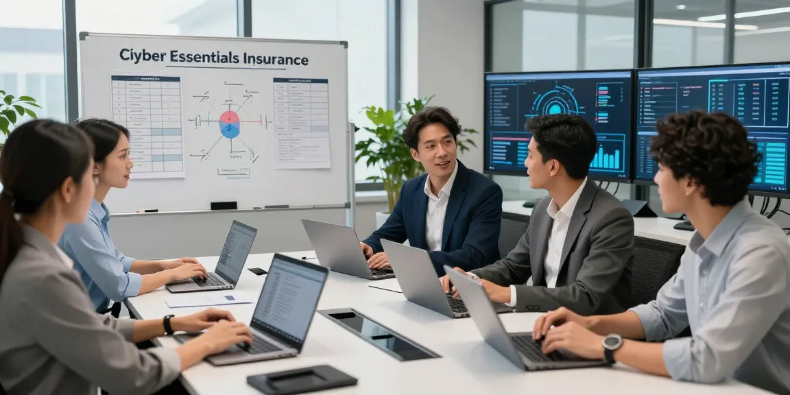 Team discussing cyber essentials insurance in a modern office, engaging with digital tools and compliance strategies.