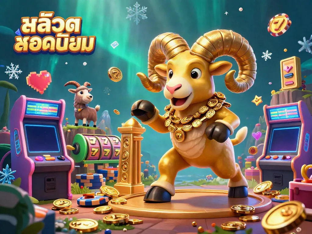 Engage with สล็อตยอดนิยม as the golden ram charges through vibrant slot symbols in a dynamic casino scene.