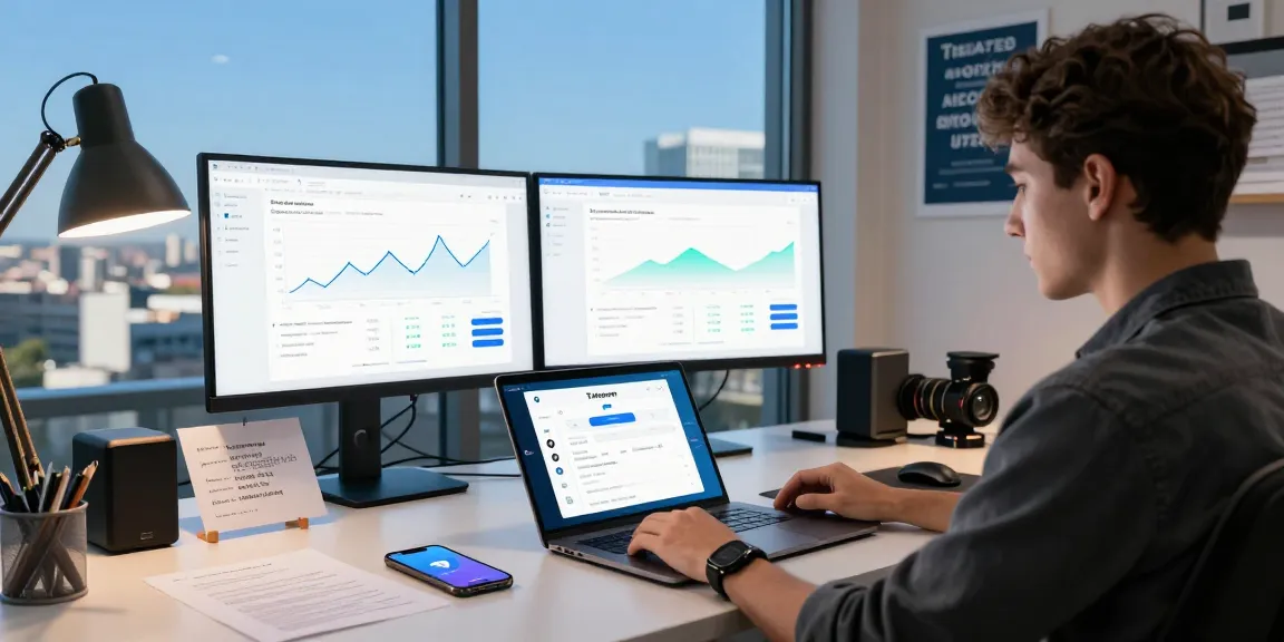 Workspace showcasing mennesaging app features of teiegramin.com with professional engaging in tech activities
