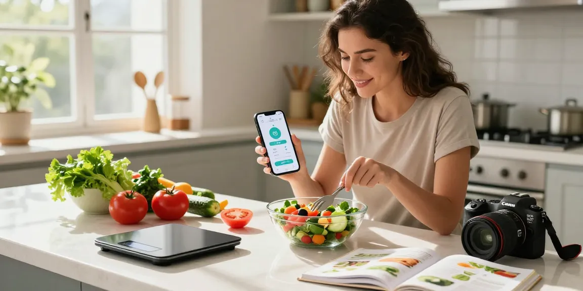 Young woman using the best calorie tracking apps to log her healthy meal prep in a modern kitchen.