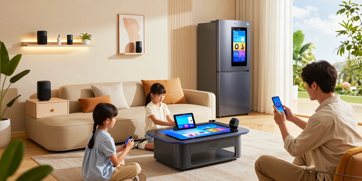 Family using the best smart home gadgets 2026 in a modern living room, showcasing smart devices and energy efficiency.