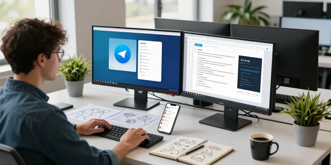 Workspace displaying a software developer using 纸飞机中文版 on dual screens, with design notes and coffee.