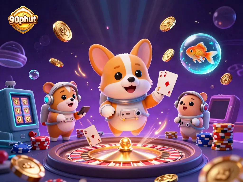Experience the thrilling atmosphere of 90phut hd with a floating corgi in a casino space station, surrounded by drifting coins and a hamster guide.
