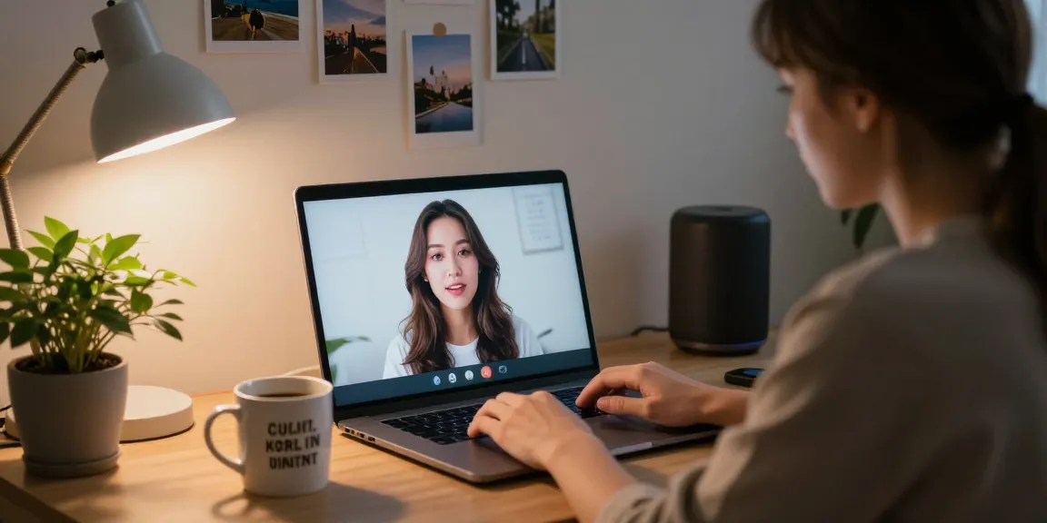 Engaging moment with AI gf in a cozy home office setting, showcasing digital connection.