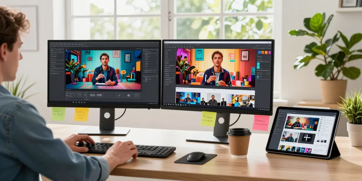 Content creator using seedance 2.0 in a vibrant workspace, showcasing AI-generated videos.