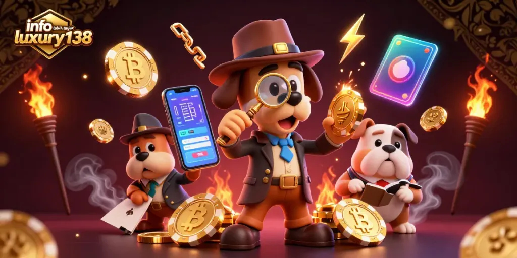 Info lebih lanjut tentang Luxury138, temukan petunjuk dengan detektif kartun di dalam ilustrasi kasino 3D.