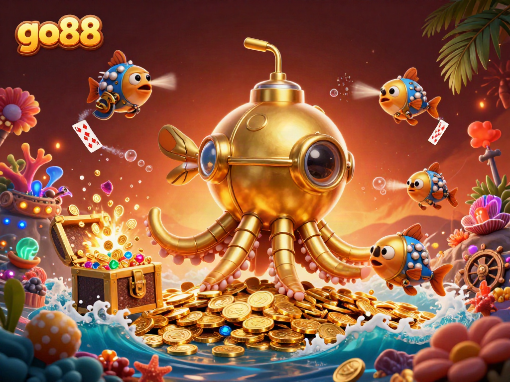 Engage in exciting games on go88 with a golden kraken submarine amidst coins in a vibrant casino scene.