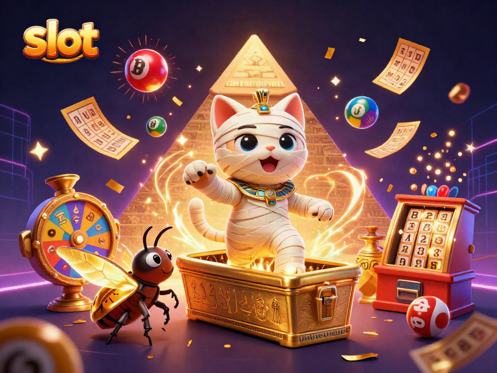 Spin the slots with the Egyptian mummy cat amidst dynamic casino elements in this vivid illustration.