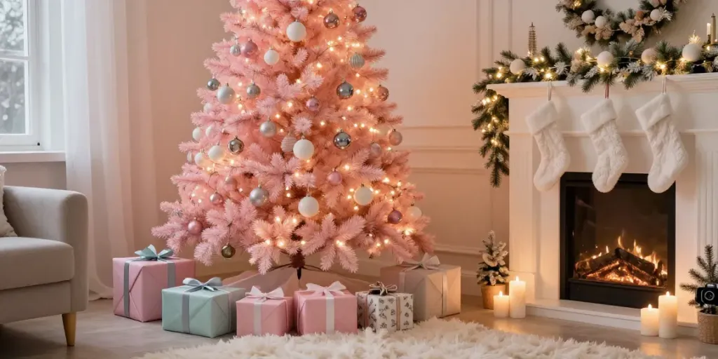 A beautifully decorated light pink Christmas tree in a cozy holiday living room