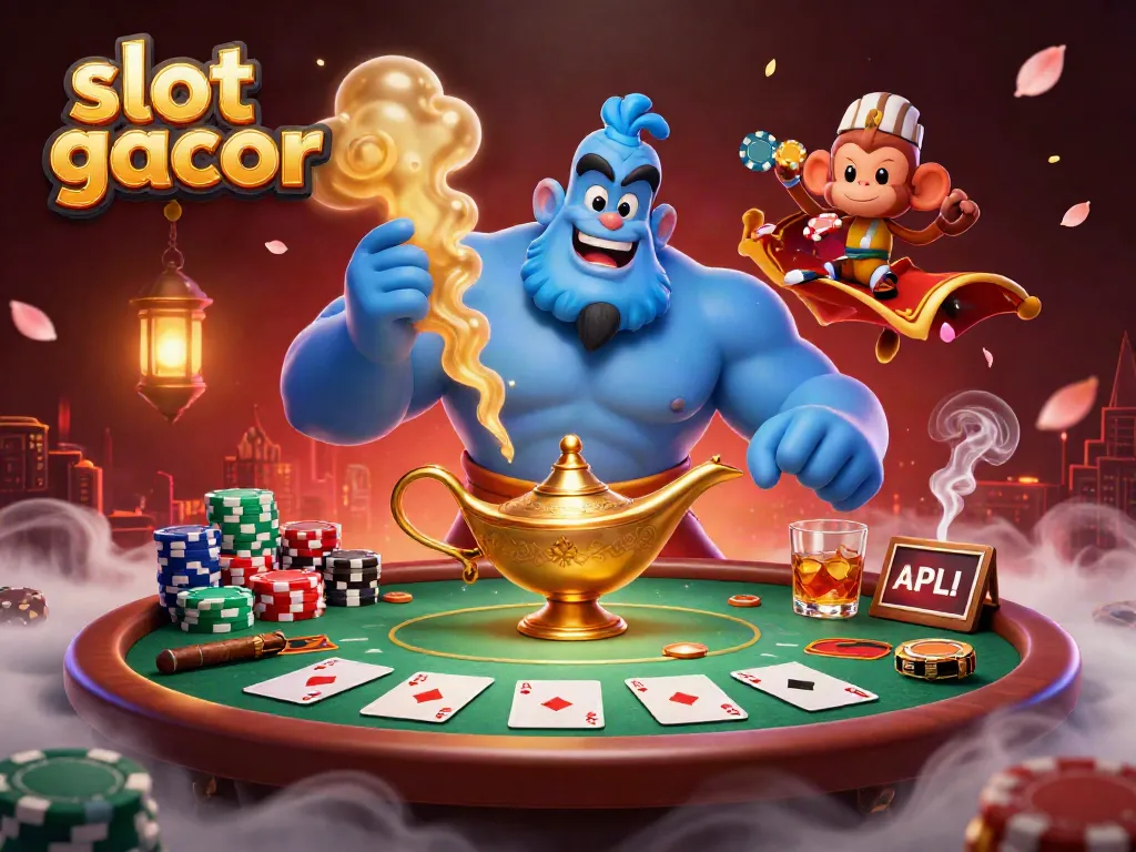 Slot gacor penuh aksi dengan genie, monyet, dan karpet terbang ditampilkan di lingkungan kasino.