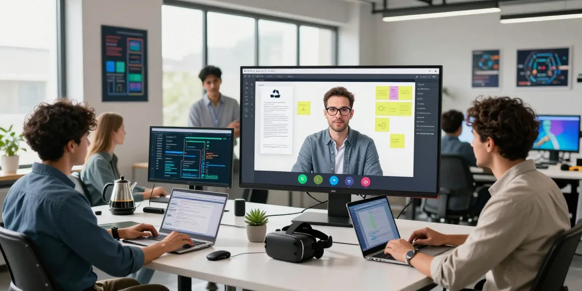 Collaboration workspace for telegraimin.com showcasing a modern team of developers on video call.