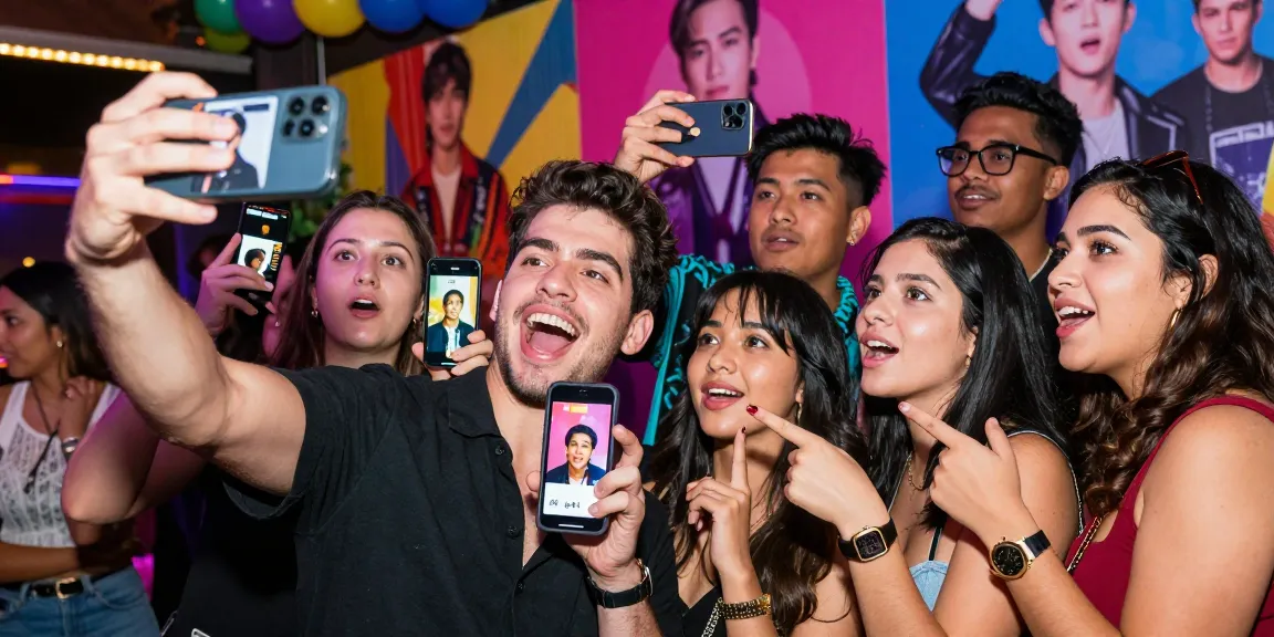Group of friends finding who looks like a celebrity using a selfie app during a lively event.