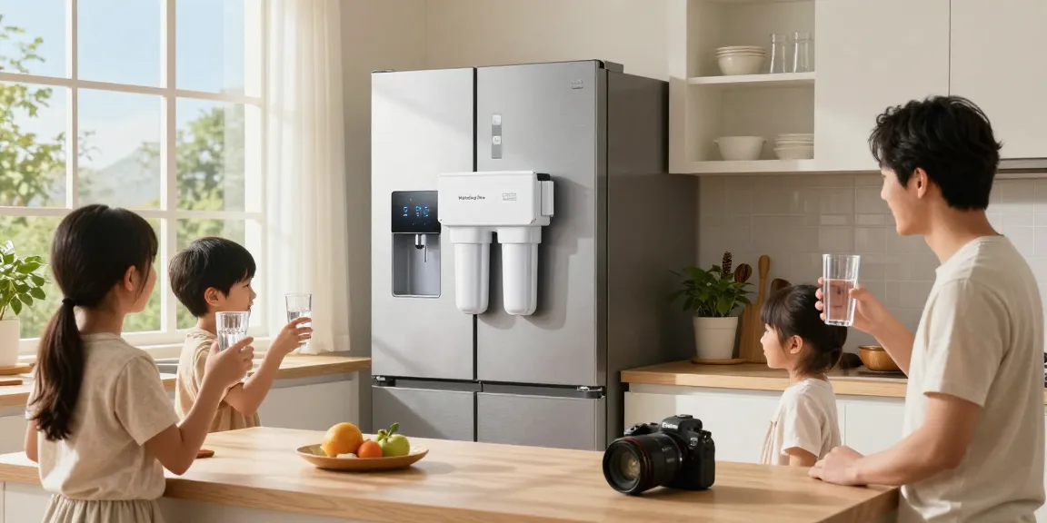 Waterdrop Plus 4396508 Refrigerator Water Filter providing fresh water in a modern kitchen with a happy family.