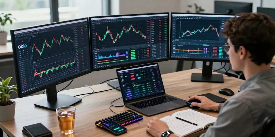 Oklo stock trading workspace featuring cryptocurrency charts, digital wallets, and DeFi platforms in a modern office.
