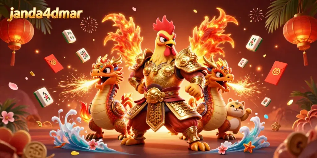 Aktivitas permainan yang seru di janda4dmar, ditandai dengan petarung ayam dan naga.