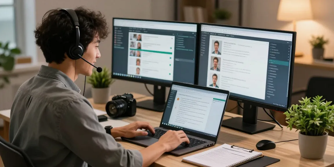 Customer service agent providing Telus-Technical-Support in a modern home office setting, showcasing dual monitors and a friendly atmosphere.